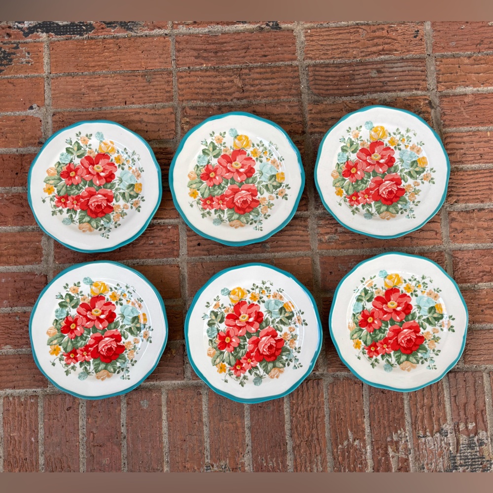 Set of 6 Pioneer Woman Vintage Floral Stoneware Salad Plates Size 8.5”